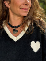 ★ Pull cœur bi-couleurs – Marron ou Noir – Taille unique jusqu’au 48