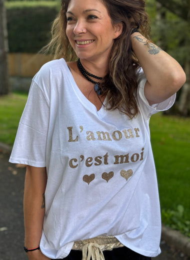 ★ T-shirt blanc « L’amour c’est moi » – Taille unique jusqu’au 48