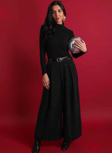 Pantalon fluide noir à strass et ceinture – Loulou l’Étoile ★ Made in Italy