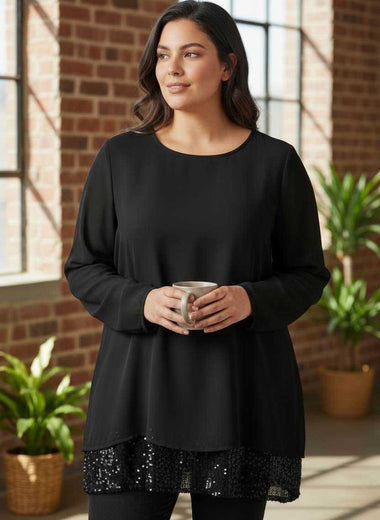 Tunique noire oversize fluide avec sequins – Made in Italy