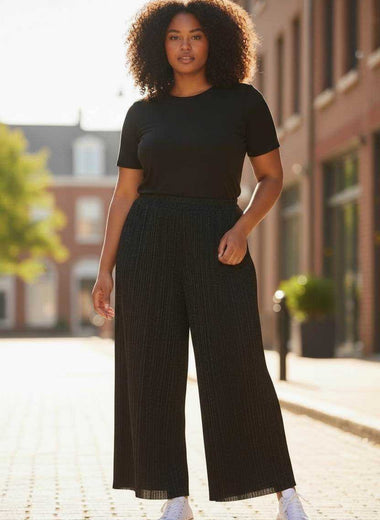 Pantalon plissé noir irisé – Fluide & taille élastique – TU jusqu’au 56