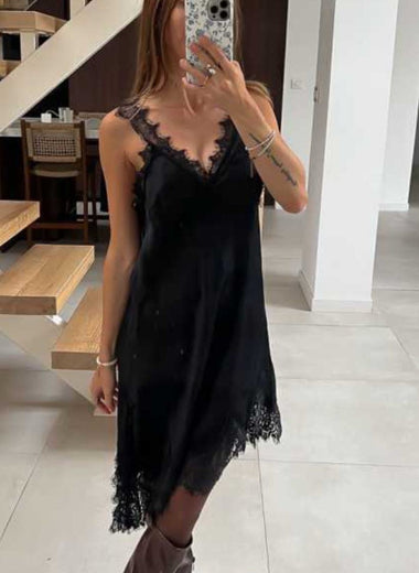 ★ Robe dentelle noire ou marron – décolleté & bas en dentelle – Taille unique jusqu’au 44