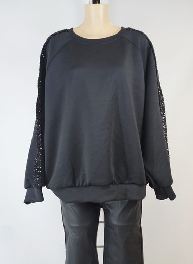 Sweat sequin femme noir – manches avec bande à sequins