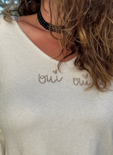 Pull Col V "Oui Oui" – Taille unique jusqu’au 48 ⭐️