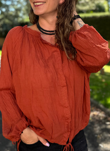 Blouse fluide en coton – Taille unique jusqu’au 44 – Écru, marron, terracotta 🖤