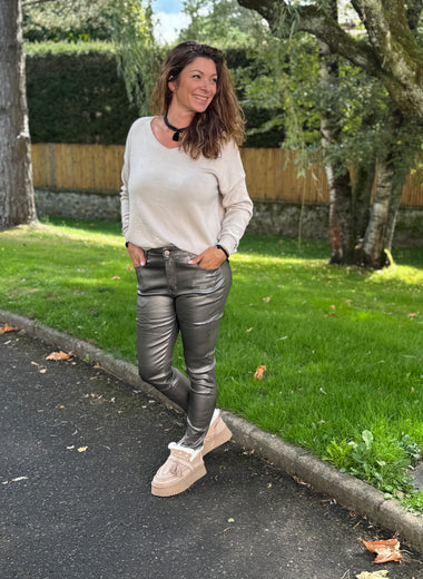 Pantalon enduit taupe ultra stretch – du 38 au 50 ★