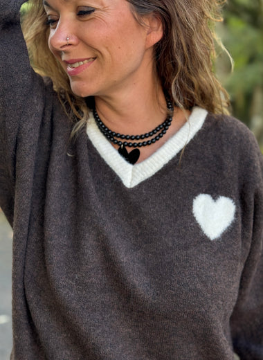 ★ Pull cœur bi-couleurs – Marron ou Noir – Taille unique jusqu’au 48