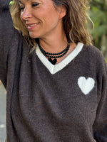 ★ Pull cœur bi-couleurs – Marron ou Noir – Taille unique jusqu’au 48