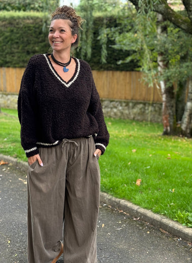 Pantalon large velours côtelé – Taille unique jusqu’au 46 – Taupe ou chocolat 🖤