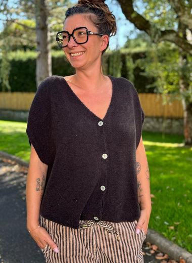 Gilet sans manches – Beige, gris chiné – Taille unique jusqu’au 48