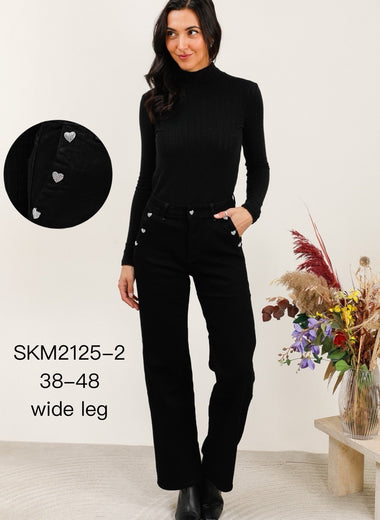 Jean noir wide leg à strass cœur – du 38 au 48 ★ Loulou l’Étoile