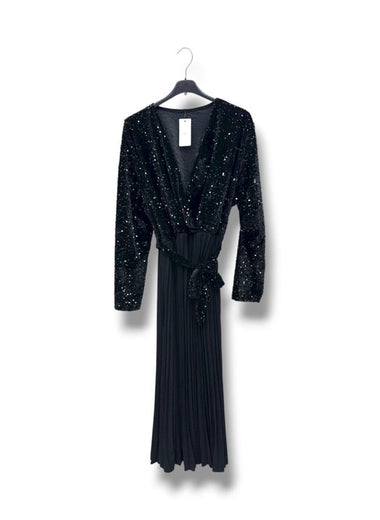 Robe longue noire cache-cœur sequins – Taille unique jusqu’au 52 – Made in Italy